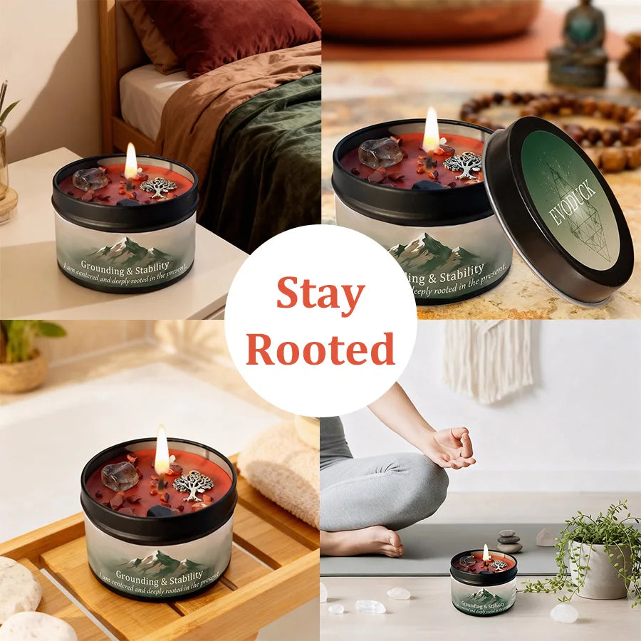 A set of grounding crystal intention candles featuring Vetiver and Cedarwood scents displayed in various contexts.