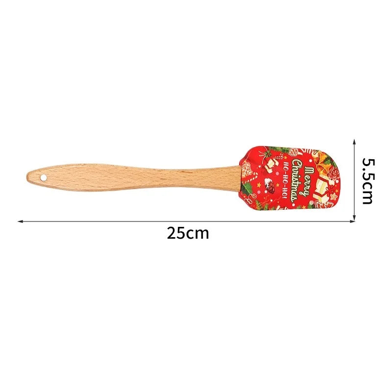 Festive Christmas silicone spatula with a red and green design and wooden handle for baking