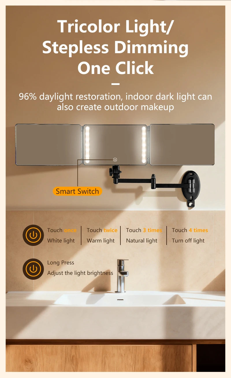 A wall-mounted mirror with a light fixture and a smart switch demonstrating various light settings.