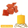 Golden yellow candle with a gold wire stand and scattered red glitter dye blocks.