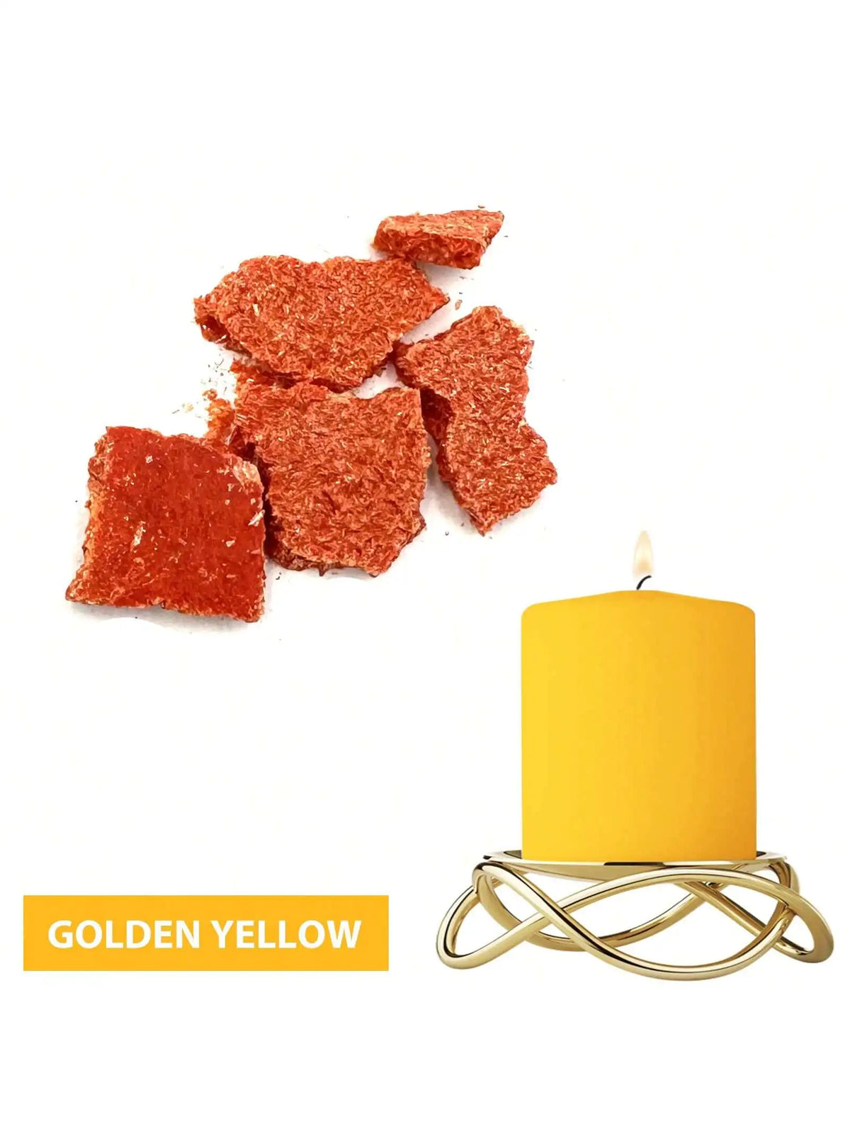 Golden yellow candle with a gold wire stand and scattered red glitter dye blocks.