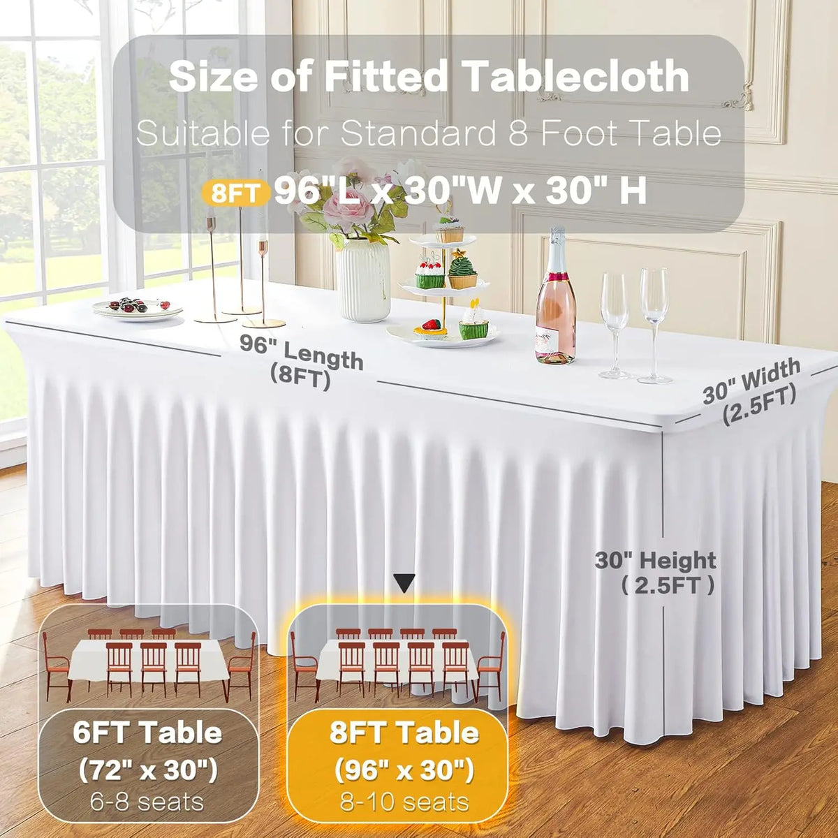White wrinkle-free spandex tablecloth cover suitable for standard 8 foot tables, shown with various serving items.