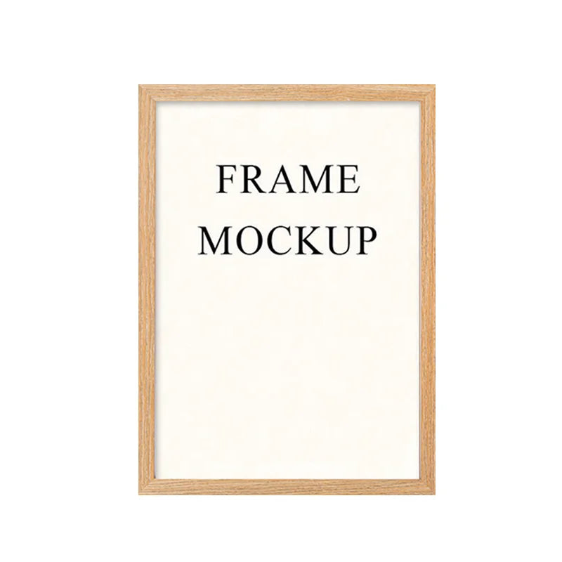 A mockup of a light wood frame with the text FRAME MOCKUP printed inside.