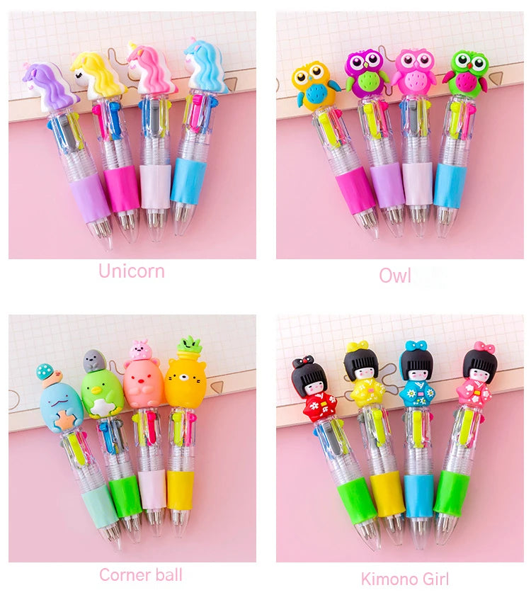 A set of five cute cartoon mini ballpoint pens featuring Unicorn, Owl, Corner ball, and Kimono Girl designs.
