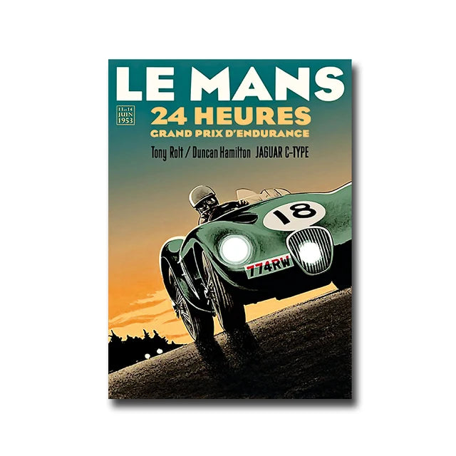 Poster for Le Mans 24 Hours endurance race featuring a green sports car on a track.