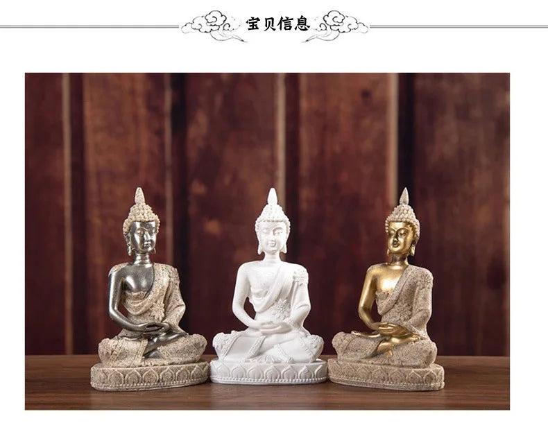 Three handcrafted resin Buddha statues in various finishes seated for meditation and decor
