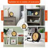 A collection of vintage metal battery alarm clocks and night lights displayed in various contexts like a bookcase, bedside ta