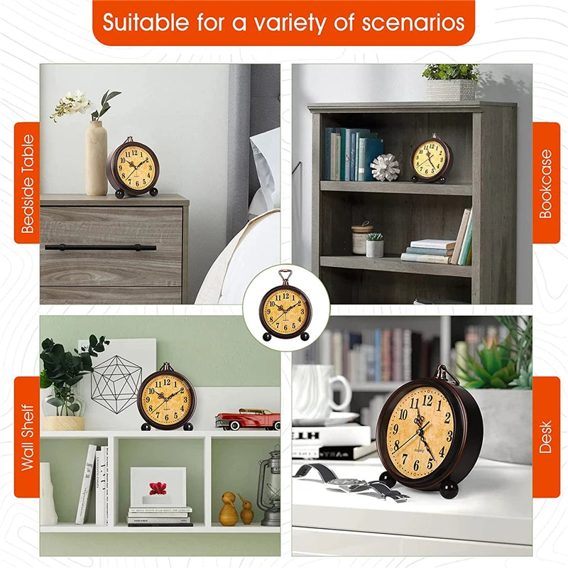 A collection of vintage metal battery alarm clocks and night lights displayed in various contexts like a bookcase, bedside ta