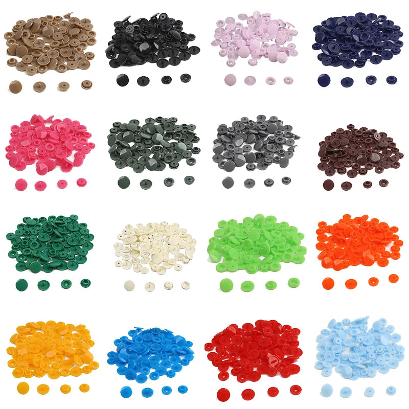 Assorted snap buttons in various colors including black, pink, purple, brown, green, silver, orange, and blue for crafting