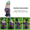 A miniature resin gnome statue with a green hat and white beard, shown in various poses for garden decoration.
