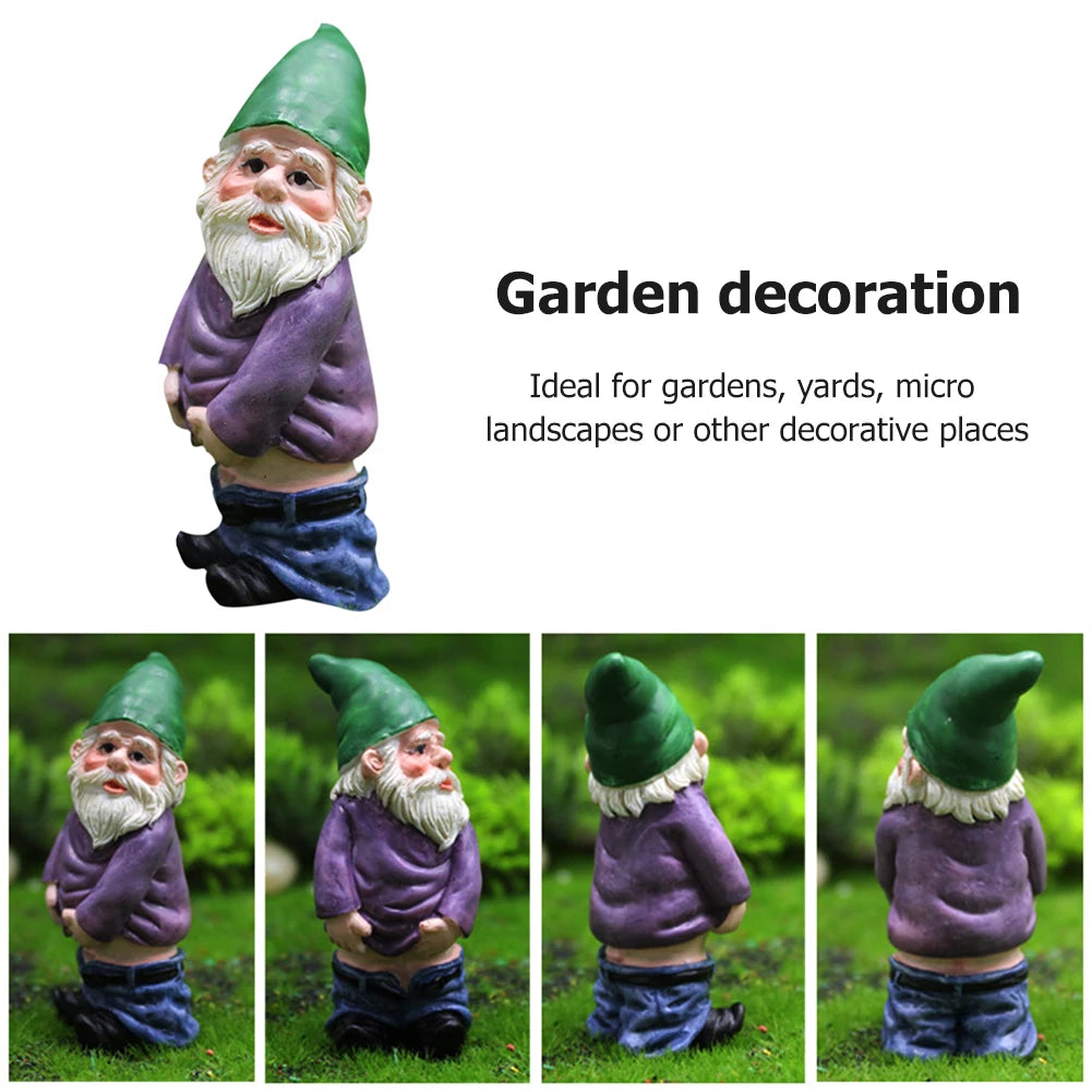A miniature resin gnome statue with a green hat and white beard, shown in various poses for garden decoration.