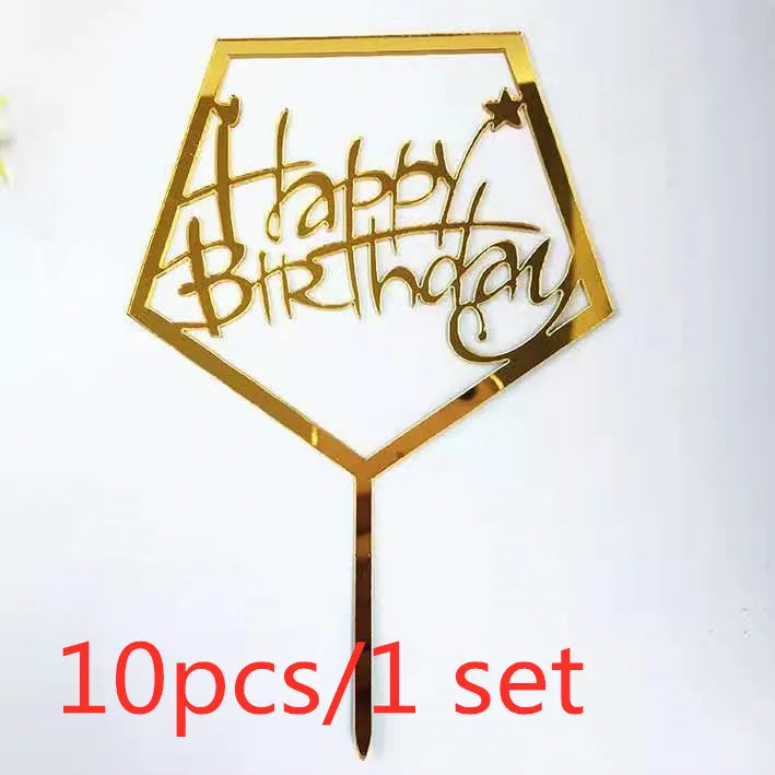 A set of ten gold acrylic love happy birthday cake toppers with a star design on a stick.