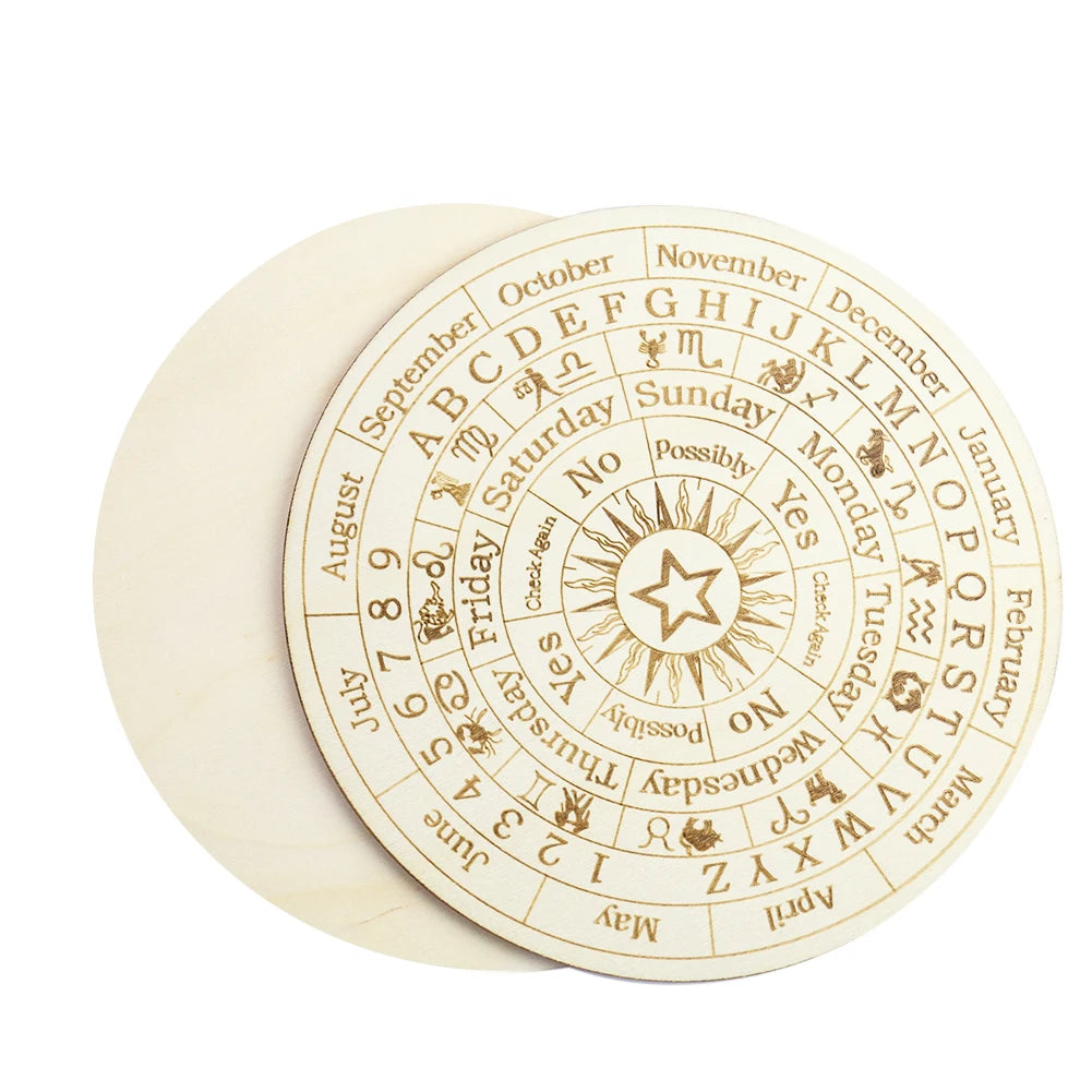 A wooden constellation pendulum board showing zodiac signs and months for divination