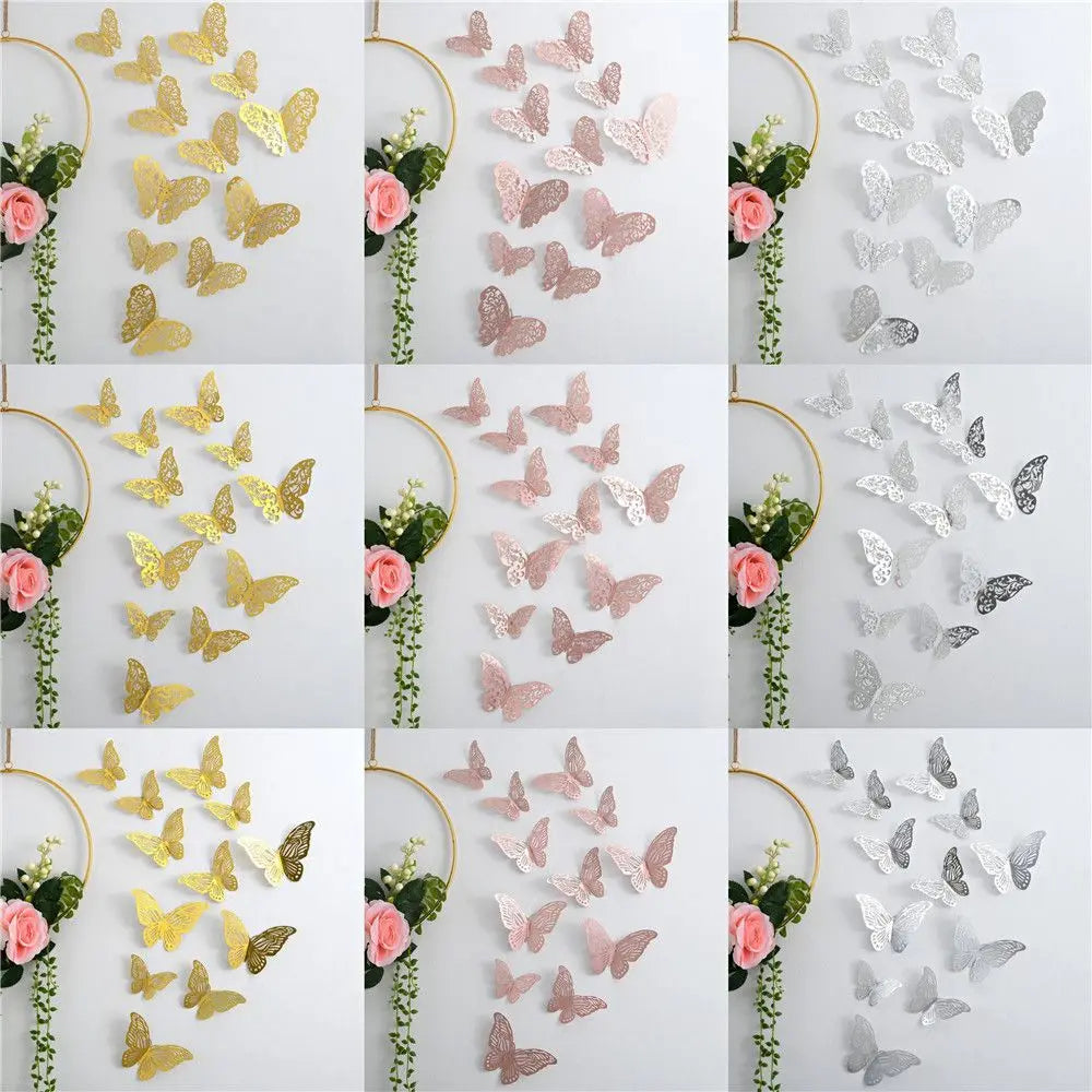 Ein Set aus drei 3D-Hohlfühl-Schmetterlings-Wandaufklebern in Gold, Pink und Silber.