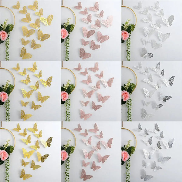 مجموعة من ملصقات فراشات مجوفة ثلاثية الأبعاد بألوان الذهبي والوردي والفضي.