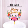 Rose gold acrylic happy birthday wreath with flowers on a white cake top