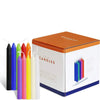 A box of 100pc colored mini taper candles in various colors like black, blue, pink, and yellow.