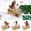 A set of wooden chicken-bako style robotic dog piggy banks in various colors and sizes displayed on a marble surface.