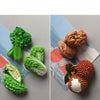 A set of realistic fruit and vegetable fridge magnets featuring broccoli, artichoke, and a whole coconut.