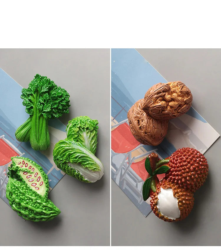A set of realistic fruit and vegetable fridge magnets featuring broccoli, artichoke, and a whole coconut.