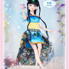 A detailed ball-jointed doll with black hair and a colorful blue and yellow outfit standing in a soft, light setting.
