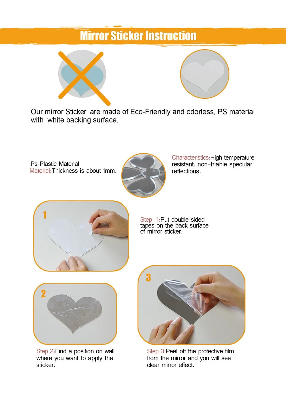 Instruction guide showing steps to apply a mirror sticker on a wall surface.