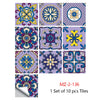 A set of ten decorative mandala tiles featuring purple, blue, and yellow floral patterns for wall art.