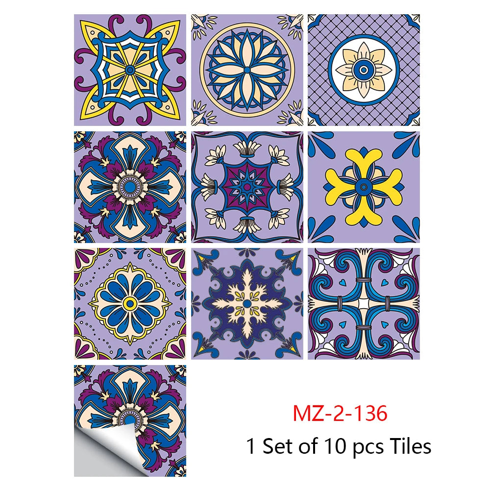 A set of ten decorative mandala tiles featuring purple, blue, and yellow floral patterns for wall art.