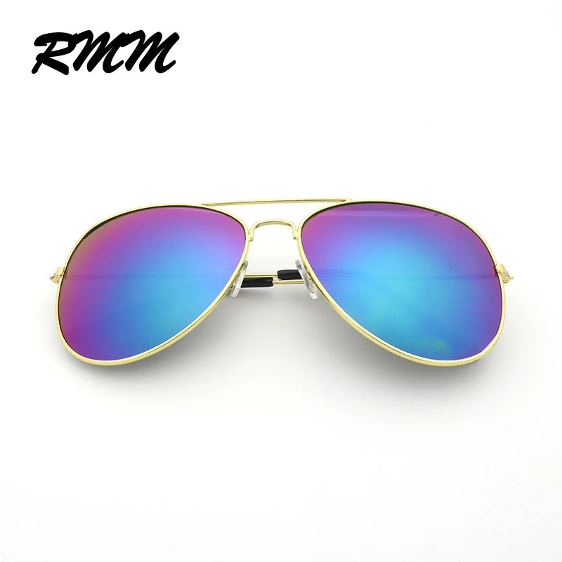 Classic gold-rimmed pilot sunglasses with iridescent blue and purple mirror lenses