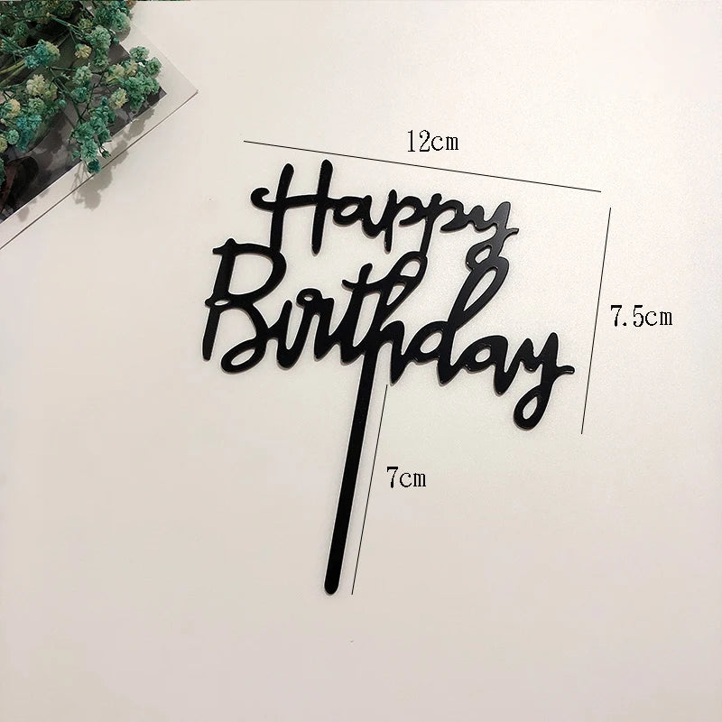 Black acrylic happy birthday topper with measurements for a cake decoration