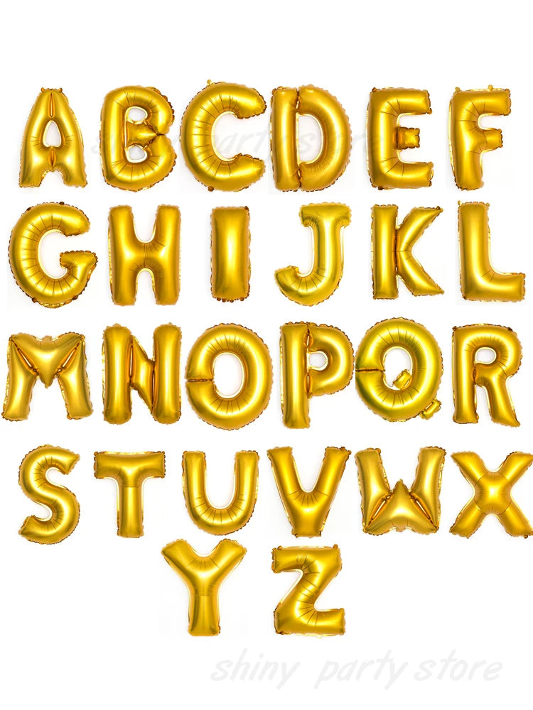 A set of gold foil letter balloons spelling out the alphabet for parties and celebrations