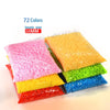 A collection of 72 colors of 2.6mm fuse beads in plastic bags, displayed in a row.