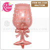 Pink foil balloons shaped like a champagne bottle with Happy Birthday writing and a ribbon bow