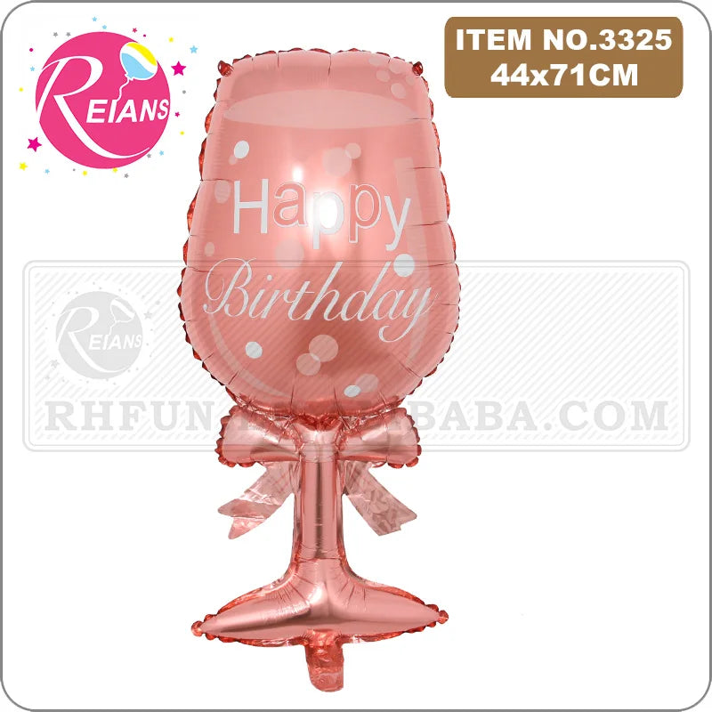 Pink foil balloons shaped like a champagne bottle with Happy Birthday writing and a ribbon bow