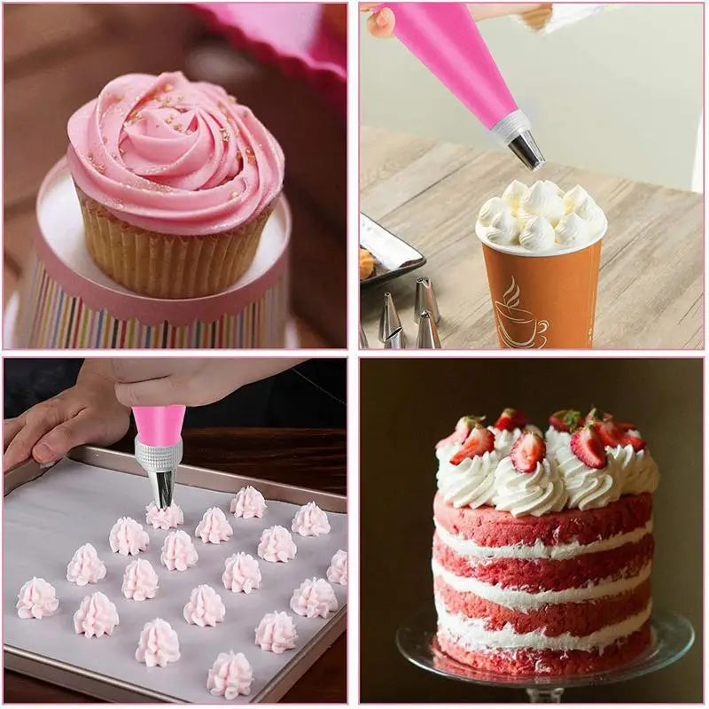Un juego de boquillas de acero inoxidable para decorar pasteles y glasear cupcakes.