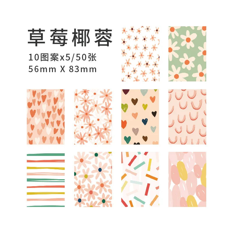A pack of 50 sheets of decorative memo pads and cards featuring floral patterns in soft pinks, greens, and oranges.