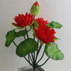 Artificial lotus flower bunch in red and green with a small green frog accent