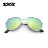 A pair of silver-framed pilot sunglasses with mirrored green lenses.