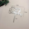 Silver acrylic happy birthday topper with measurements and rose gold foliage.