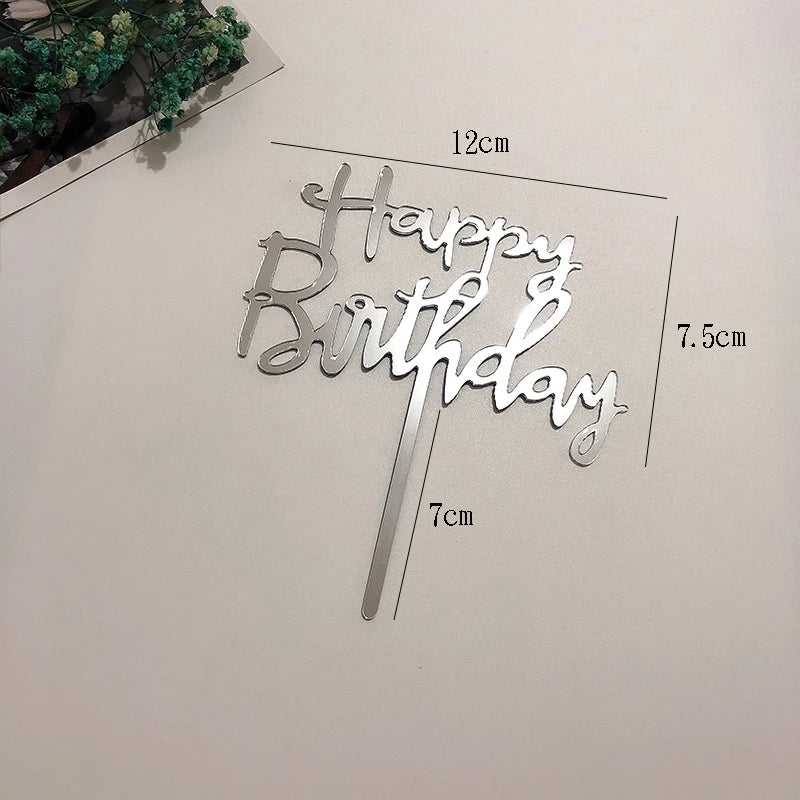 Silver acrylic happy birthday topper with measurements and rose gold foliage.