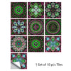 A set of ten decorative mandala tiles for peel and stick wall art featuring vibrant green, pink, and white floral patterns.