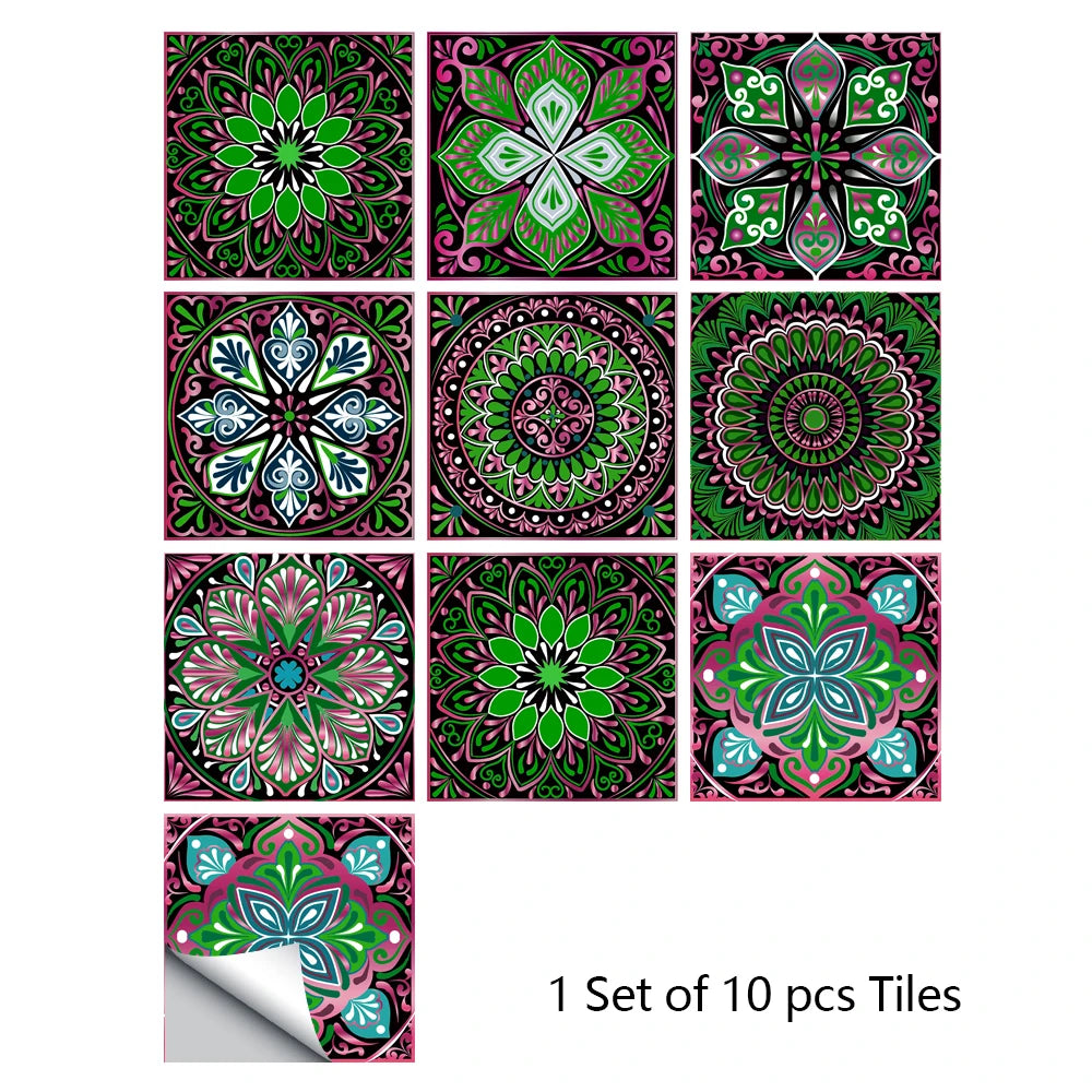 A set of ten decorative mandala tiles for peel and stick wall art featuring vibrant green, pink, and white floral patterns.