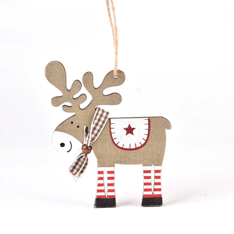 Hand-painted wooden deer ornament with antlers and festive red and white stripes.