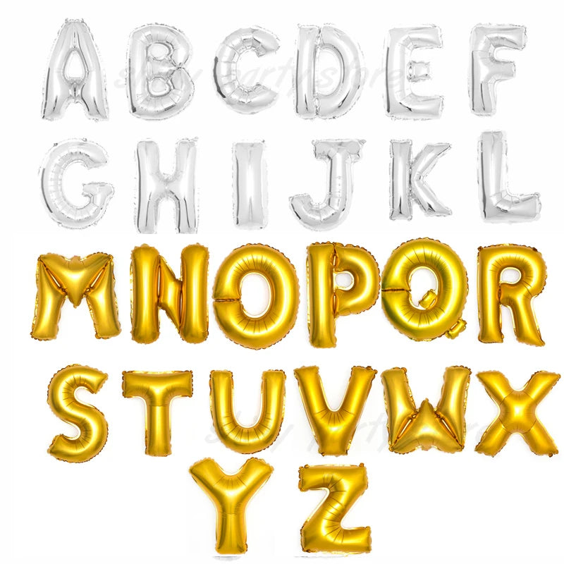 A set of gold foil letter balloons spelling out the alphabet from A to Z for parties and celebrations