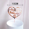Rose gold acrylic heart shaped birthday cake topper with the text happy birthday