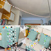 A colorful felt ball garland featuring various pastel and bright colored balls draped across a window frame.