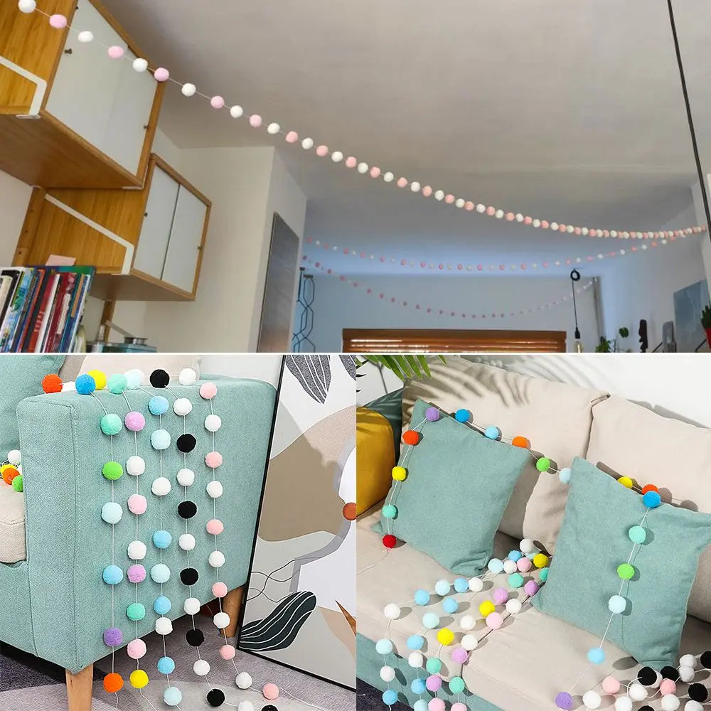 A colorful felt ball garland featuring various pastel and bright colored balls draped across a window frame.