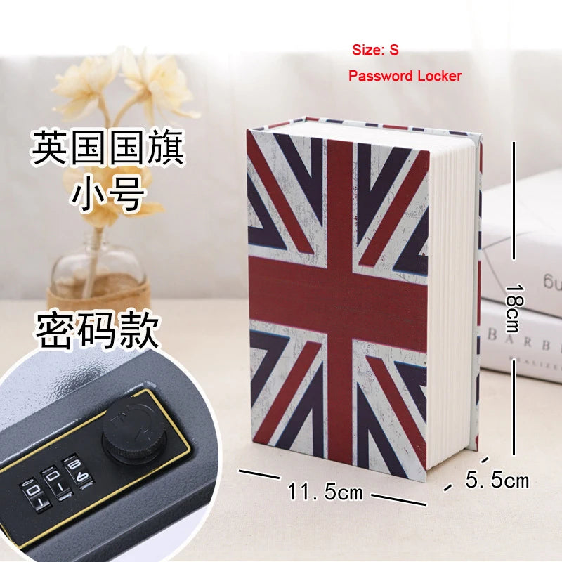 A stack of books featuring a Union Jack design next to a combination lock and a dried flower.
