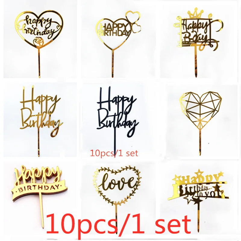 A set of ten gold acrylic love happy birthday cake toppers featuring various designs and text