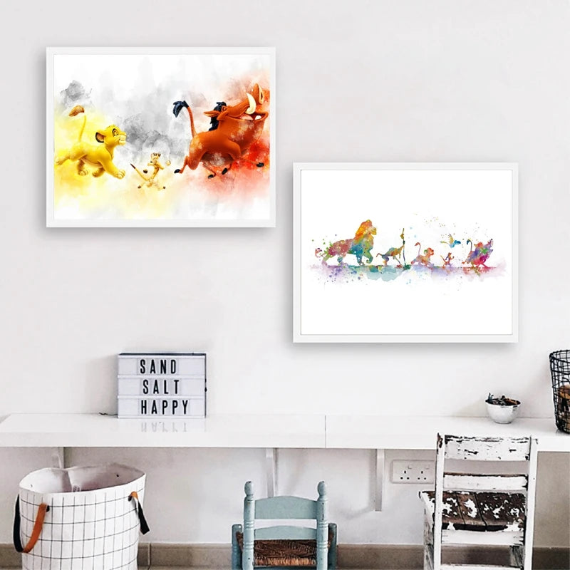 Aquarellkunstdruck mit einem Löwen im gelb-orangen Stil auf weißem Hintergrund.